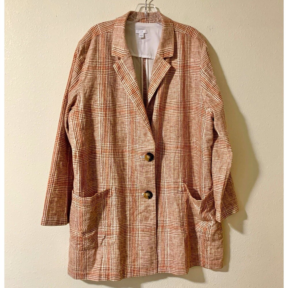 J. Jill Women’s Harper Relaxed Henna Plaid Linen Blend Jacket Blazer XL